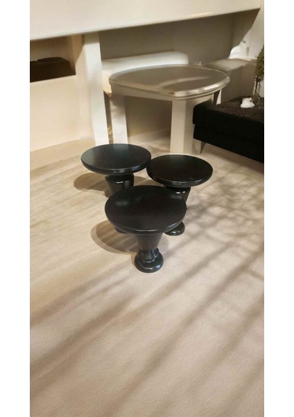 Fitilli Ahşap Mantar Sehpa 3’lü Set – Siyah Renk Fiskos Yan Sehpa