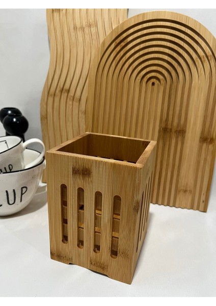 Kare Bambu Kaşıklık, Dekoratif Tezgah Üstü Dik Organizer Kahverengi