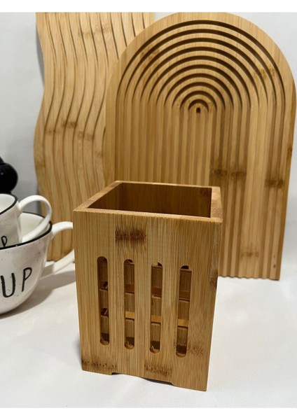 Kare Bambu Kaşıklık, Dekoratif Tezgah Üstü Dik Organizer Kahverengi modelleri