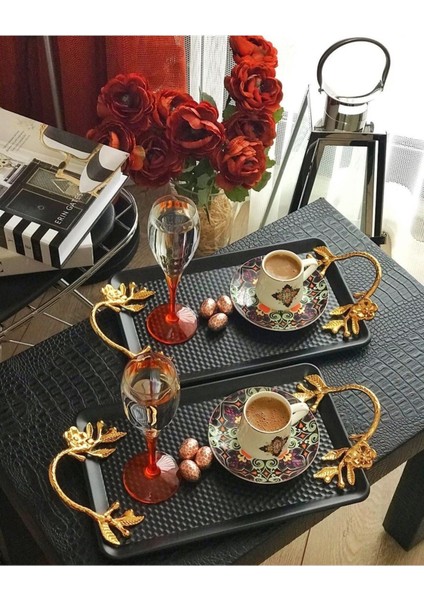 Vintage Metal Tepsi, Dikdörtgen, Gold Kulplu, Dekoratif, Şık Sunum Tepsisi fiyatları