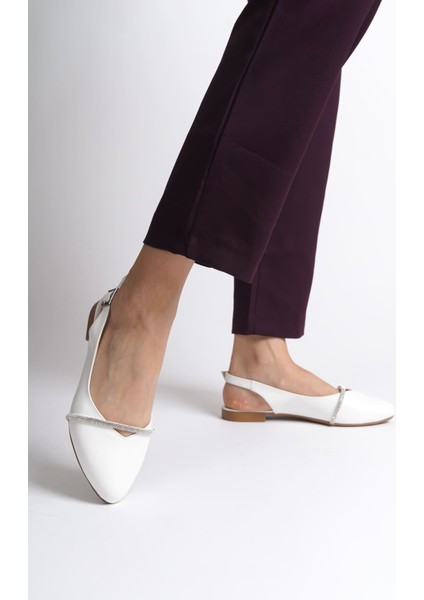 Jet-Allıson Tokalı Ortopedik Rahat Taban Taş Detaylı Kadın Babet Ayakkabı Ckt - Beyaz