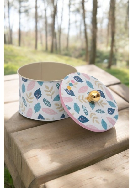 Yuvarlak Metal Saklama Kabı, 14 Cm, 3 Desenli Leaf Tasarımı, Beyaz Renk