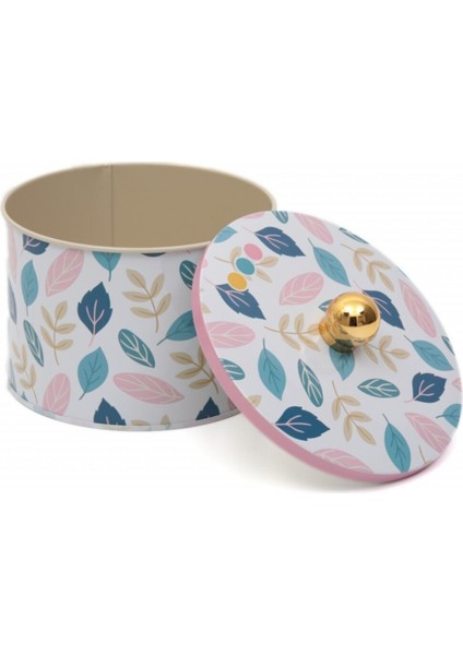 Yuvarlak Metal Saklama Kabı, 14 Cm, 3 Desenli Leaf Tasarımı, Beyaz Renk indirimleri