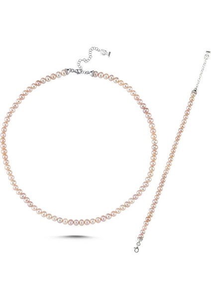 Pembe Doğal Inci Kolye Bileklik Ikili Set