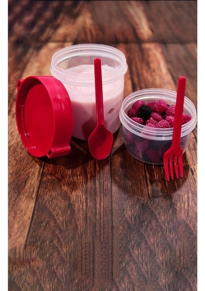 Kırmızı Çift Hazneli Çatal Kaşıklı Müsli Yemek Saklama Kabı 1100 ml