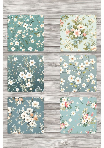 Nostalji Çiçekler No:2 6'lı Ahşap Kare Bardak Altlığı Seti