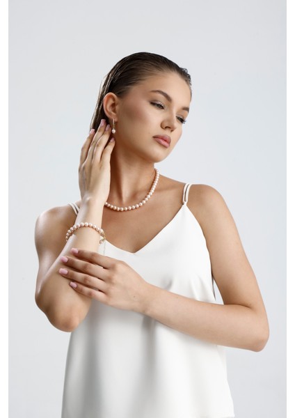 Pudra Pembe Doğal Inci Kolye Bileklik Küpe Üçlü Set fiyatları