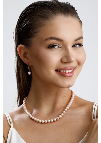 Pudra Pembe Doğal Inci Kolye Bileklik Küpe Üçlü Set modelleri