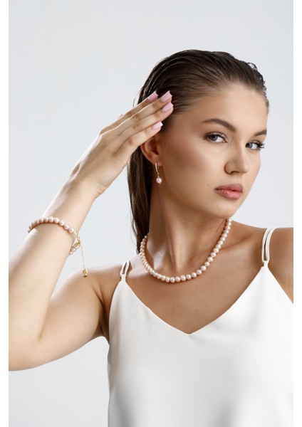 Pudra Pembe Doğal Inci Kolye Bileklik Küpe Üçlü Set fırsatları