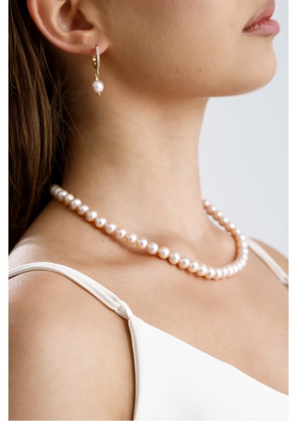 Pudra Pembe Doğal Inci Kolye Bileklik Küpe Üçlü Set indirimleri