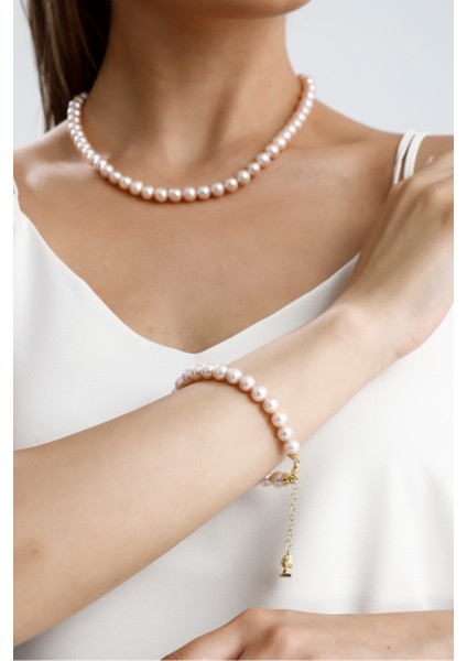 Pudra Pembe Doğal Inci Kolye Bileklik Küpe Üçlü Set