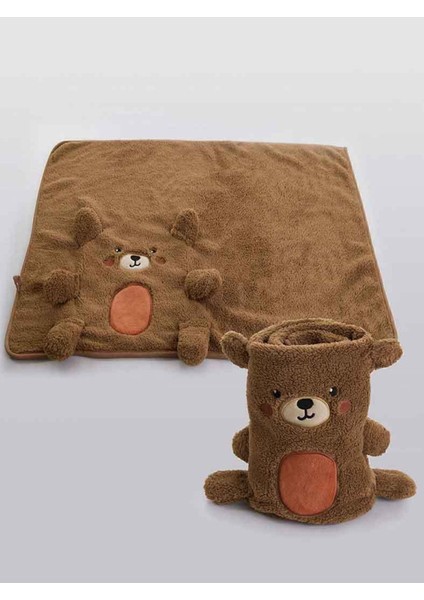 Yumuşak ve Şık Unisex Bebek Battaniyesi, Ayıcık Detaylı, Kahverengi Renk.