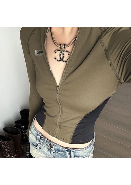 Haki Prix Fermuarlı Uzun Kollu Crop Hırka fırsatları