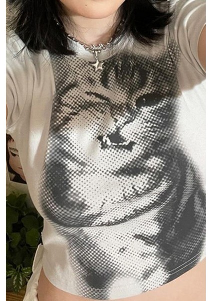 Beyaz Baby Cat Gotik Y2K Kısa Kollu Crop