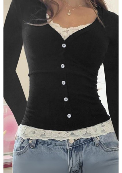 Siyah Düğmeli Dantel Yaka ve Bel Detaylı Y2K Uzun Kollu Crop