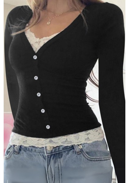 Siyah Düğmeli Dantel Yaka ve Bel Detaylı Y2K Uzun Kollu Crop fiyatları