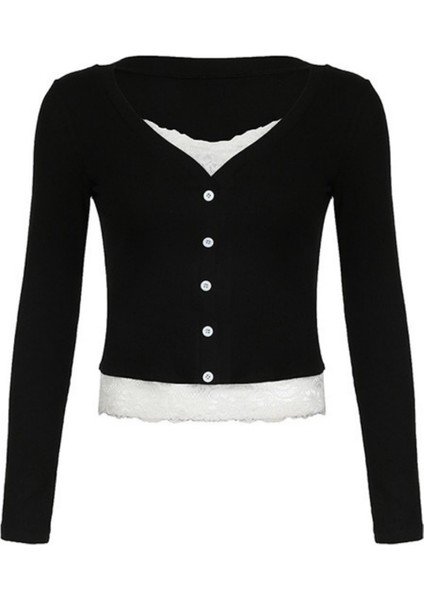 Siyah Düğmeli Dantel Yaka ve Bel Detaylı Y2K Uzun Kollu Crop modelleri