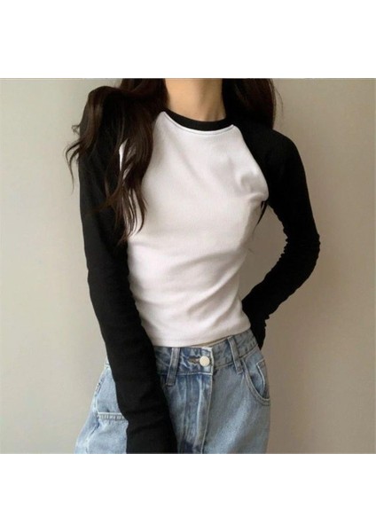 Siyah Raglan Kollu Beyaz Basic Uzun Kollu Crop fiyatları