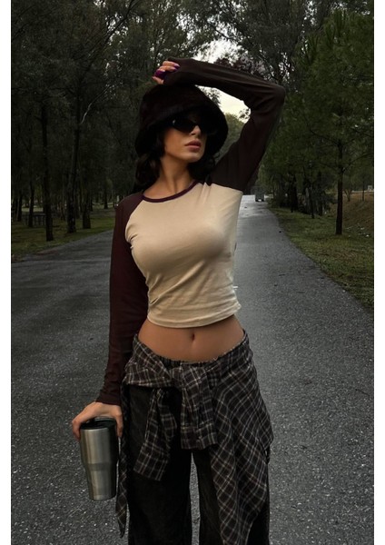 Kahverengi Raglan Kollu Bej Basic Y2K Uzun Kollu Crop