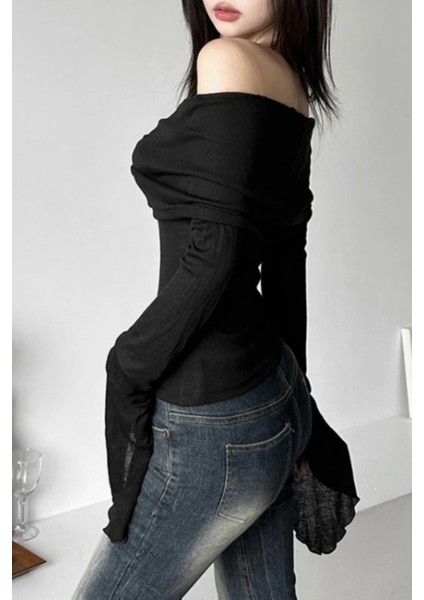 Siyah Madonna Yaka Ispanyol Kol Y2K Uzun Kollu Crop fiyatları