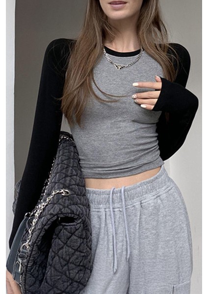 Siyah Raglan Kollu Gri Melanj Basic Uzun Kollu Crop