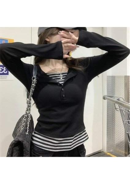 Siyah Şertili Ek Parçalı Düğmeli Uzun Kollu Crop fiyatları