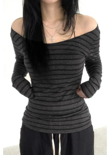 Gri Madonna Yaka Siyah Gotik Y2K Şeritli Uzun Kollu Crop