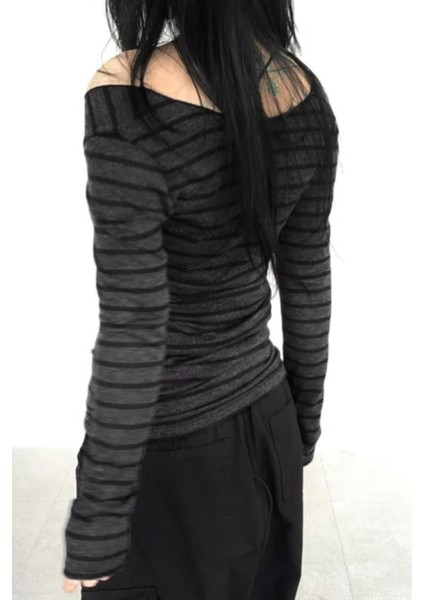 Gri Madonna Yaka Siyah Gotik Y2K Şeritli Uzun Kollu Crop fiyatları