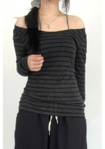 Gri Madonna Yaka Siyah Gotik Y2K Şeritli Uzun Kollu Crop modelleri