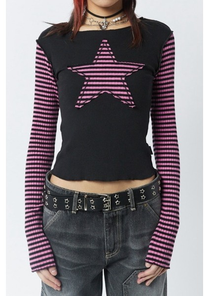 Siyah Raglan Pembe Star Gotik Y2K Uzun Kollu Crop