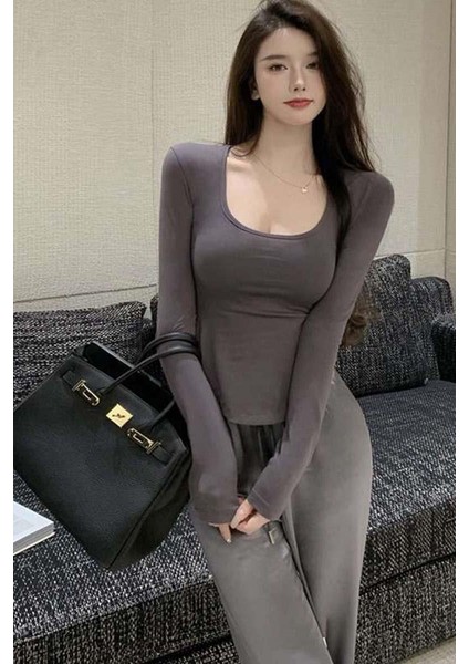 Füme Yeni Basic Y2K Uzun Kollu Crop