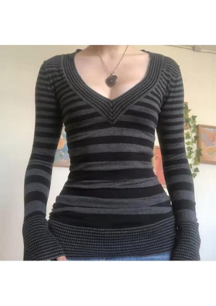 Füme Kalp Yaka Siyah Şeritli Gotik Y2K Uzun Kollu Triko Crop