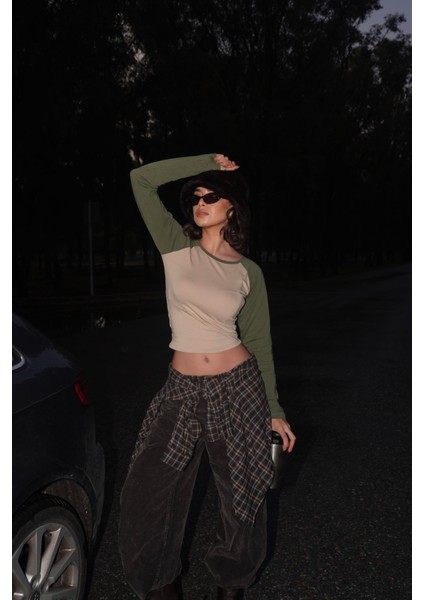 Haki Raglan Kollu Kahverengi Basic Uzun Kollu Crop fiyatları