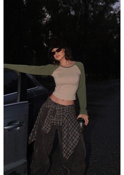 Haki Raglan Kollu Kahverengi Basic Uzun Kollu Crop modelleri