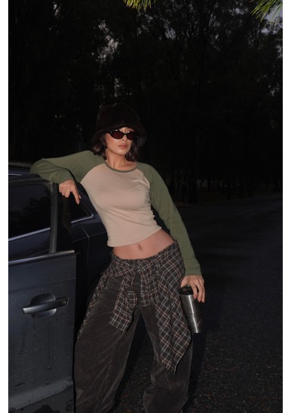 Haki Raglan Kollu Kahverengi Basic Uzun Kollu Crop fırsatları