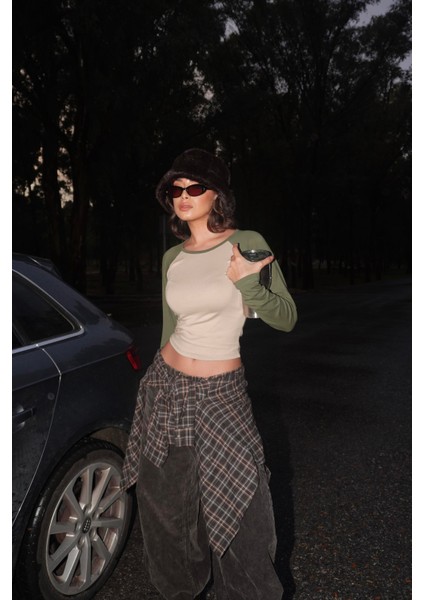 Haki Raglan Kollu Kahverengi Basic Uzun Kollu Crop indirimleri