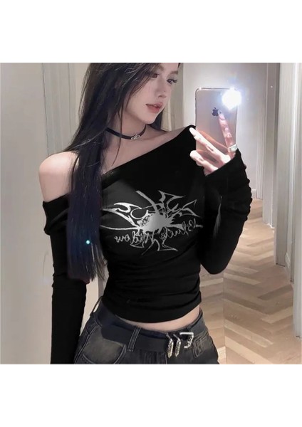 Siyah Black Widow Omuzu Açık Spider Uzun Kollu Crop