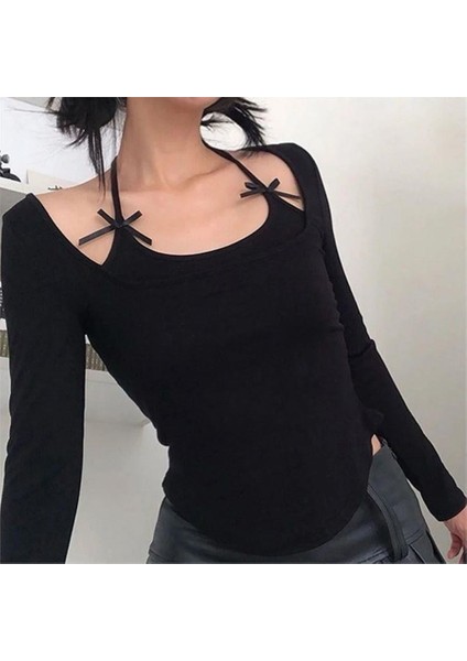 Siyah Askısı Kurdeleli Uzun Kollu Crop