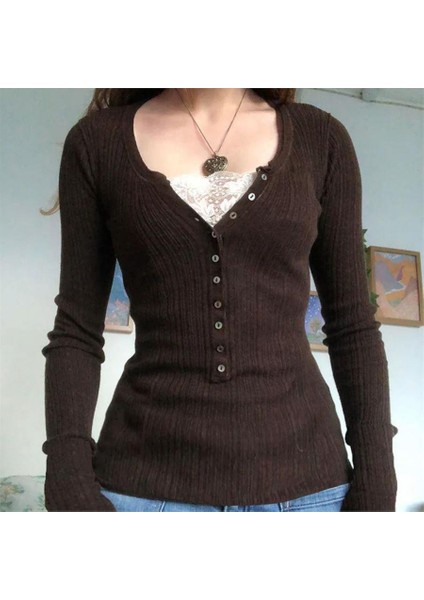 Kahverengi Düğme Detaylı Dantel Yaka Uzun Kollu Bluz fiyatları