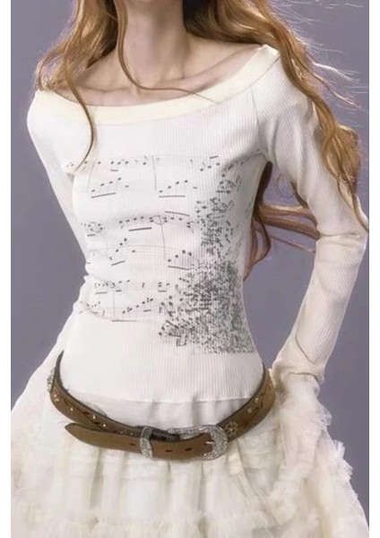 Ekru Nota Desenli Y2K Uzun Kollu Crop fiyatları