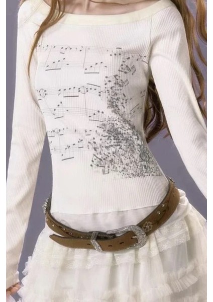 Ekru Nota Desenli Y2K Uzun Kollu Crop modelleri