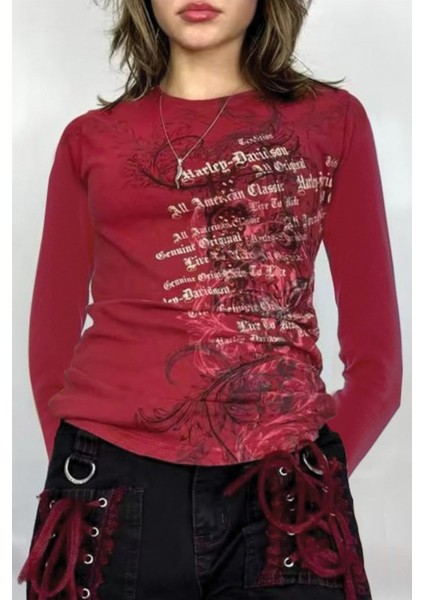 Kırmızı Skull Life Cyber Grunge Gotik Y2K Uzun Kollu Crop