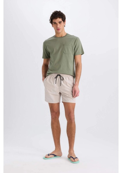 E0993 Bej Regular Fit Kısa Boy Yumuşak Tuşeli Deniz Şortu