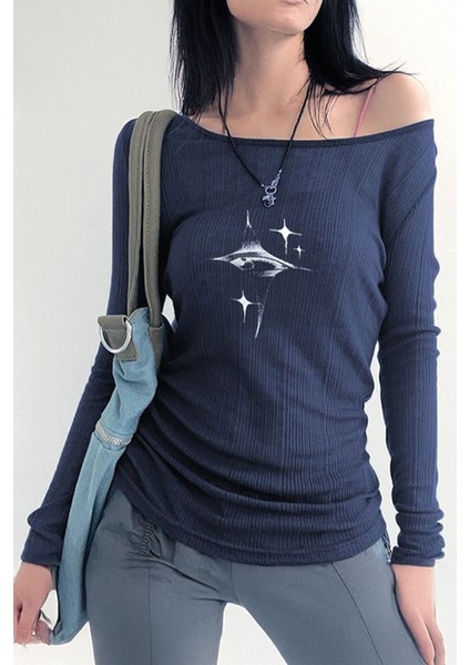 Lacivert Crystal Eye Madonna Yaka Harajuku Y2K Uzun Kollu Crop