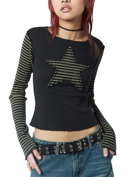 Siyah Raglan Haki Star Gotik Y2K Uzun Kollu Crop