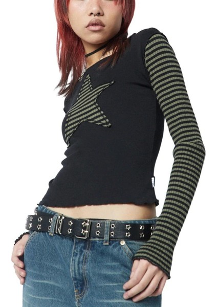 Siyah Raglan Haki Star Gotik Y2K Uzun Kollu Crop fiyatları