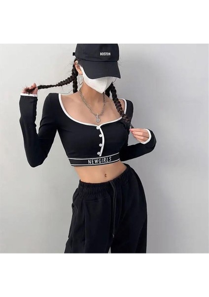 Siyah Düğmeli Beyaz Şeritli Newgirls Uzun Kollu Crop fiyatları
