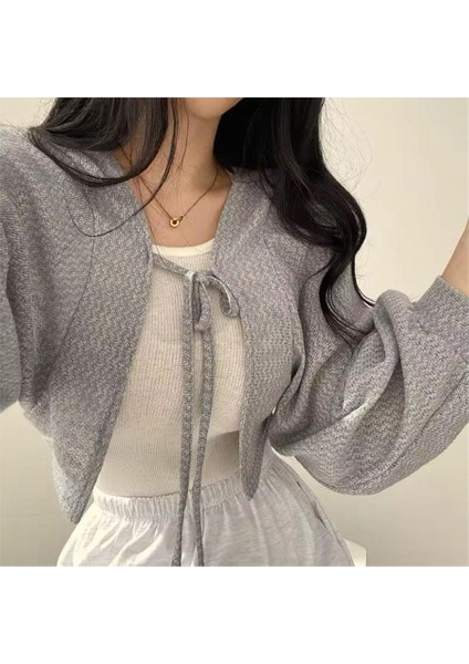 Gri Balon Kollu Bağcıklı Bolero Hırka fiyatları