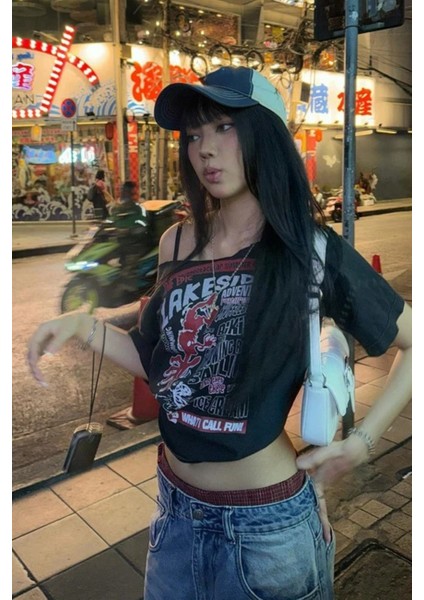 Kadın Bluz Füme Pamuklu Crop Normal Yaka Grafik Desenli Günlük Stil