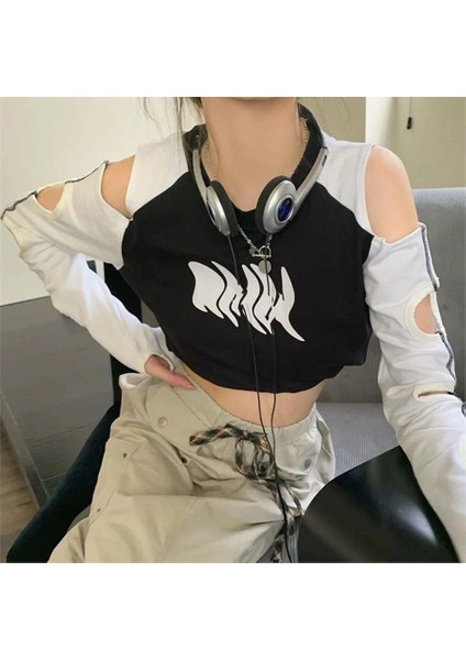 Siyah Raglan Delikli Uzun Kol Detaylı Crop